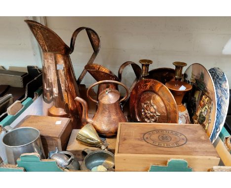 A pair of 19th century brass candle sticks; a pair of graduating copper jugs; a copper teapot; a small joiners tool chest etc