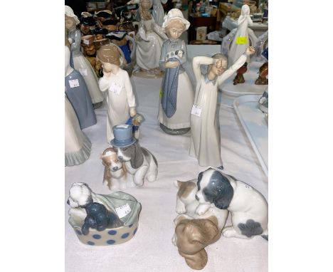 5 various Nao figures - girl with puppy; girl with teddy &amp; another; 3 dog groups 
