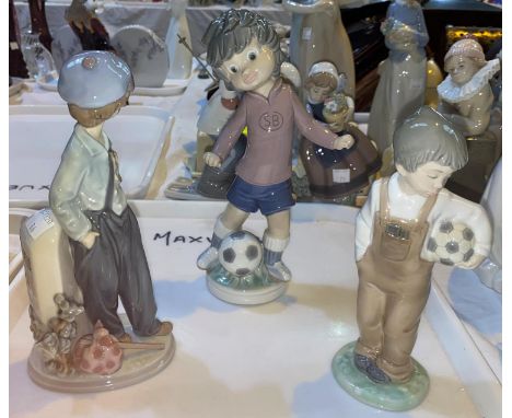 2 Lladro boy figures - footballer &amp; boy with sack; Nao boy footballer 