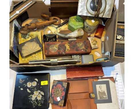 A selection of collector's items and lacquer bottles; mantle clock, set of dominoes, correspondence case etc 
