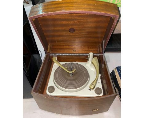 A GRUNDIG HiFi Black Box record player with BSR autochange deck, Sapele case; a vintage Pye record player in wood case;3 LPs 