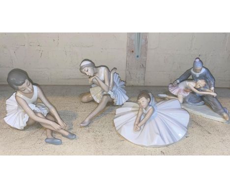 A Lladro ballerina stretching; a Nao similar, a group of 2 ballet dancers and a child ballerina 