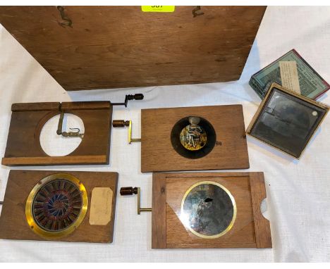 5 19th century revolving mechanical Magic Lantern slides (one no glass) &amp; a selection of other slides 