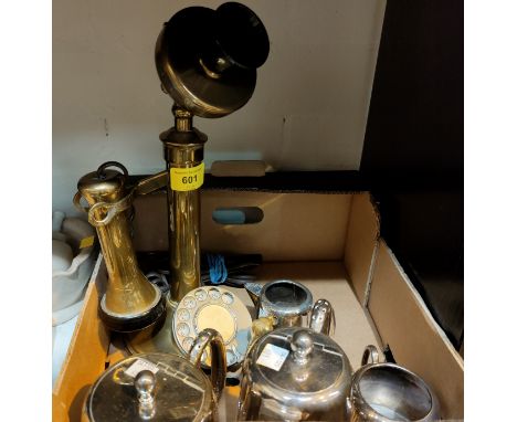 An early 20th century brass stick telephone &amp; 4 piece silver plate tea set 