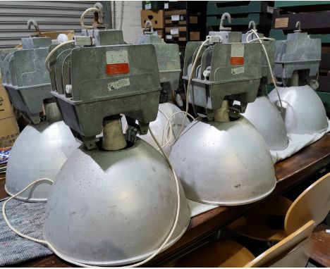 A set of 6 Holophane very large industrial pendant light fittings, diameter 46cm, height 67cm