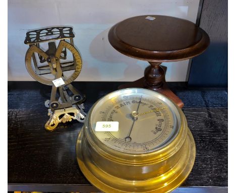 A brass ships barometer; a pair of 19th century brass scales &amp; a miniature pedestal table 