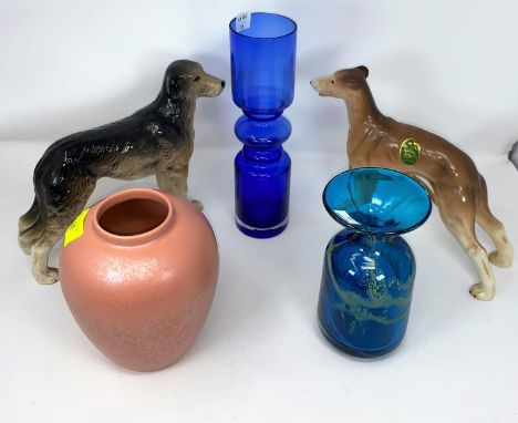 A Medina glass vase; a Whitefriars style vase &amp; a Poole pottery vase; 2 ceramic dogs 