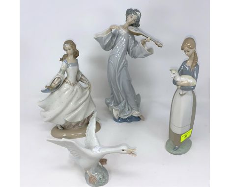 Lladro figure playing Lute; Cinderella; a Goose & a girl with sheepGirl with lute/viola chips in lower RHS in garment folds. 