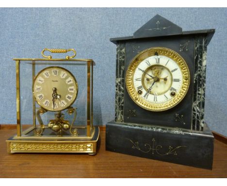A gilt metal anniversary mantel clock and a black slate belge noir mantel clock 
