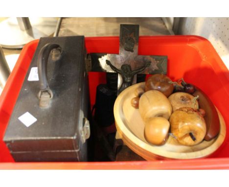 A quantity of assorted includes binoculars, tools, records, treen, crucifix etc