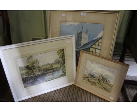 H G R Hook, "Hill Farm" watercolour painting, signed, 20cm x 25cm, framed, together with two other framed watercolour paintin