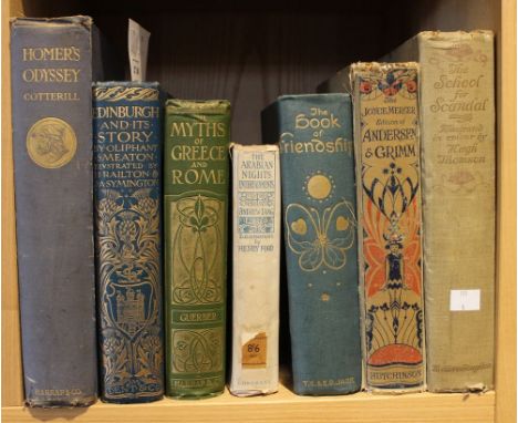 A shelf containing seven illustrated books including "The School for Scandal" Homer's "Odyssey" etc&nbsp;