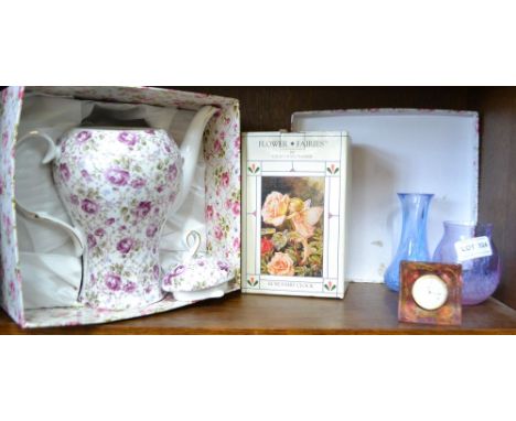 Two Caithness small glass vases with a clock, decorative teapot in original box, Flower Fairies clock in original box&nbsp;