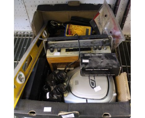 A box of assorted electronic items, Carl Zeiss binoculars, vintage tools etc