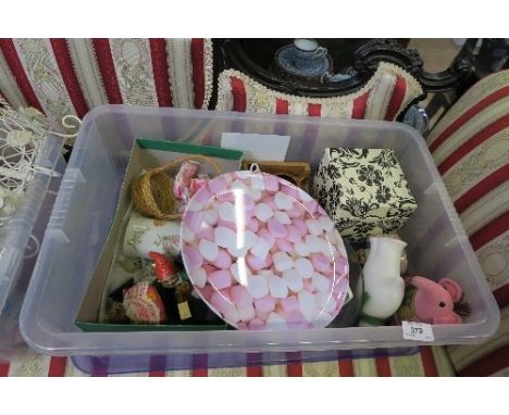 A BOX OF SUNDRIES INCLUDING ORNAMENTS, TOGETHER WITH A BOX OF CHINA TO INCLUDE ROYAL WORCESTER EVESHAM DISH, AND STANDS