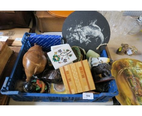 A BOX OF ASSORTED ORNAMENTS, INCLUDING ONYX MODELS, MODEL ELEPHANT, ETC.