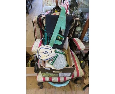 A BOX TO INCLUDE VINTAGE CLOTHES, INCLUDING CRICKET HAT, ETC.