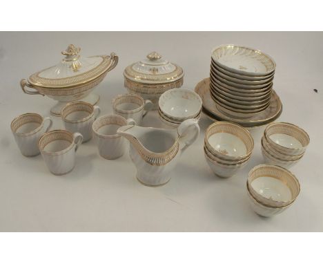 Two 19th century English porcelain part tea services, both decorated in gilt on white, one set comprising 5 coffee cups, 11 t