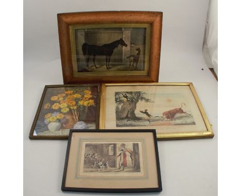 A 19th century colour print, mare and foal in a stable looking at a cat, 8ins x 11.25ins, in a birds eye maple frame, togethe