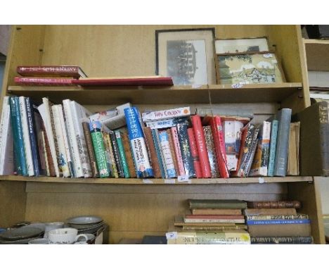 A SHELF OF BOOKS, INCLUDING ANTIQUE REFERENCE BOOKS, JILLY COOPER, ETC.