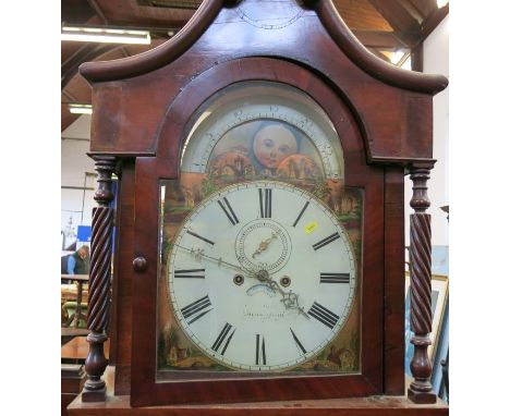 An Antique mahogany cased long case clock, with arched painted dial and moon phase, inscribed to the dial with a Birmingham m