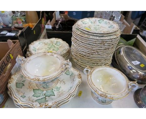 A COLLECTION OF 19TH CENTURY STYLE DINNER WARE WITH GOLD DECORATION, AND DECORATED WITH LEAVES, STAMPED GRAINGER &amp; CO WOR