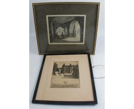Edgar F Fincham, black and white etching, figures seated at a table under an arch, 9ins x 10.5ins, together with another blac