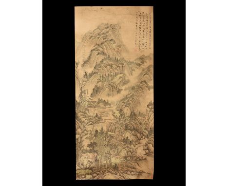 20th century AD. A rectangular paper panel on a paper backing with wooden roller, watercolour image of houses among trees and