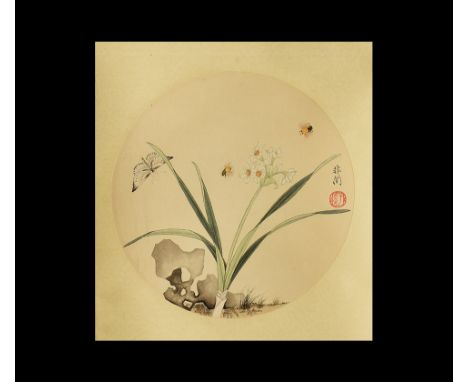 20th century AD. A rectangular paper panel on a paper backing with wooden roller, circular watercolour image of orchids with 