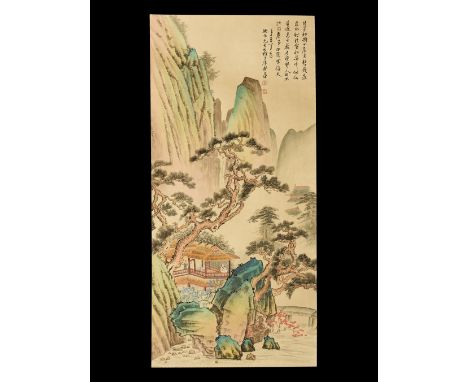 20th century AD. A rectangular paper panel on a paper backing with wooden roller, watercolour image of houses among trees and