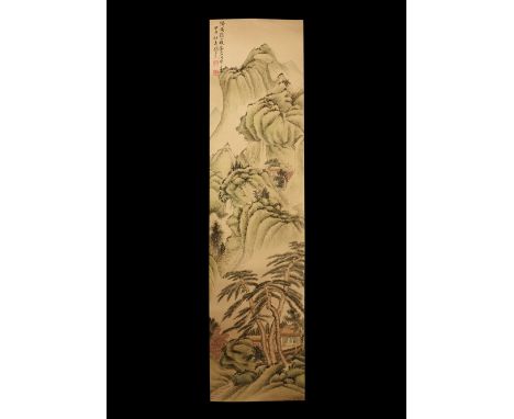 20th century AD. A rectangular paper panel on a paper backing with wooden roller, watercolour image of houses among trees and