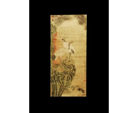 20th century AD. A rectangular paper panel on a paper backing with wooden roller, watercolour image of two red-crowned cranes