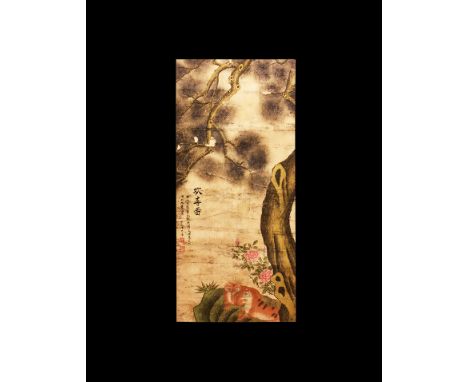 20th century AD. A rectangular fabric scroll with wooden roller and applied paper panel with watercolour image of two foxes b
