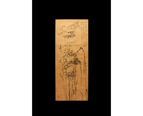 20th century AD. A rectangular paper panel on a paper backing with wooden roller, watercolour image of bamboo stalks; three c