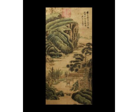 20th century AD. A rectangular paper panel on a paper backing with wooden roller, watercolour image of a riverside house amon