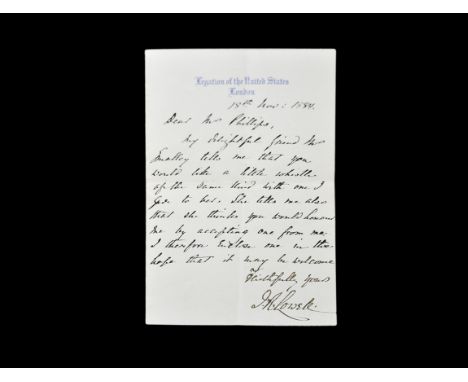 Dated 18th November 1884. A manuscript letter signed by James Russell Lowell on a folded sheet of 'Legation of the United Sta