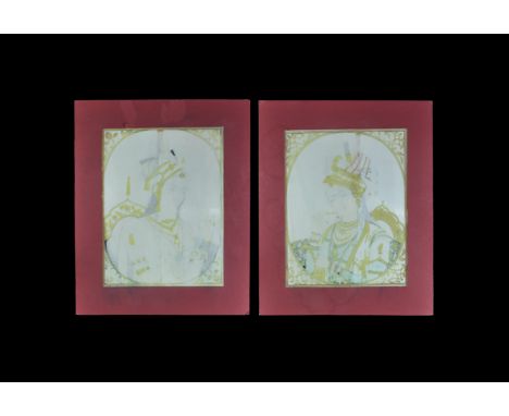 19th century AD. A pair of flat ivory panels in card reveal frames, each with a hand-painted portrait of a noblewoman; one fa