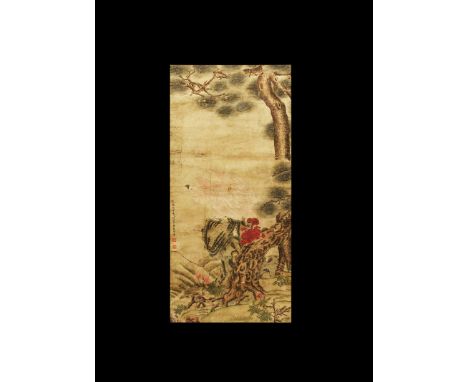 20th century AD. A rectangular paper panel on a paper backing with wooden roller, watercolour image of an eagle with wings sp
