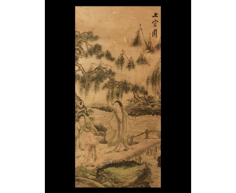 20th century AD. A rectangular paper panel on a paper backing with wooden roller, watercolour image of figures by a river amo