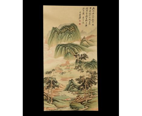 20th century AD. A rectangular paper panel on a paper backing with wooden roller, watercolour image of a village among trees 
