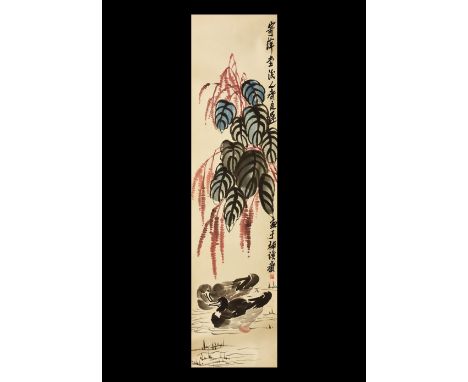 20th century AD. A rectangular paper panel on a paper backing with wooden roller, watercolour image of waterfowl and foliage;