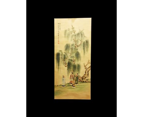 20th century AD. A rectangular paper panel on a paper backing with wooden roller, watercolour image of figures beside a willo