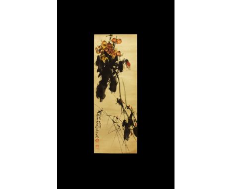 20th century AD. A rectangular paper panel on a paper backing with wooden roller, watercolour image of flowers and fruit with