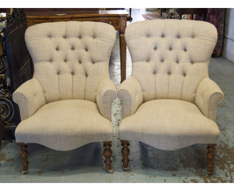 ARMCHAIRS, a pair, Contemporary button backed on turned supports with linen covers, 67cm x 90cm H. (2)