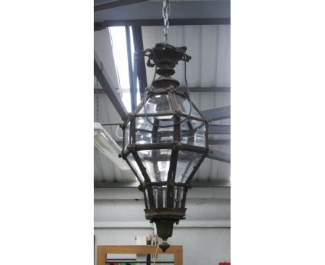 CEILING LANTERN, with bevelled glass within a bronzed frame, 75cm H plus chain.
