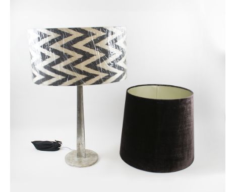 PORTA ROMANA TABLE LAMP, of tapering form on a circular base with a Porta Romana silk ikat shade and another Porta Romana vel