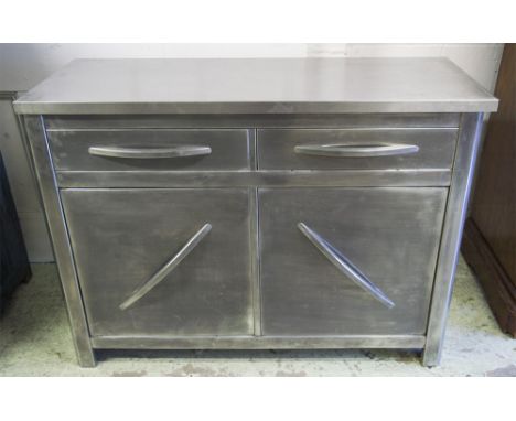 PREPARATION CABINET, 20th century stainless steel with two drawers above two doors enclosing shelf, 124cm x 49cm x 91cm H.