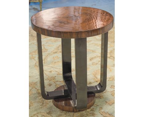 LAMP TABLE, Art Deco design burr walnut and ebonised, circular with converging supports, 61cm H x 51cm D.