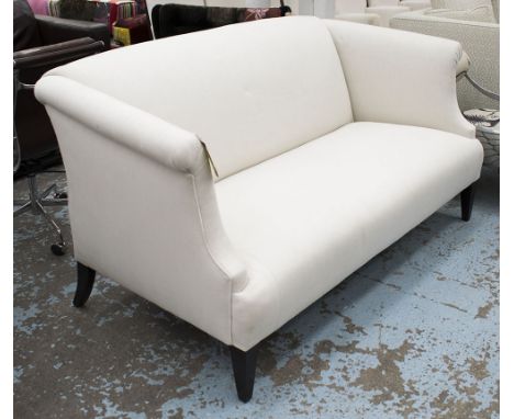 SOFA, two seater, in neutral fabric on square supports, 181cm L x 110cm W x 55cm D. 