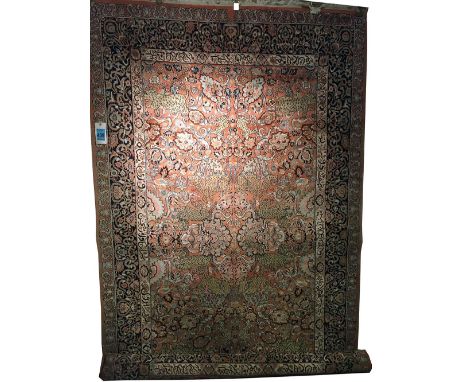 FINE PURE SILK TEHRAN DESIGN CARPET, 298cm x 181cm, all over hunting design within corresponding borders.